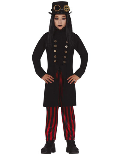 Déguisement Miss Steampunk pour fille noir et rouge avec chapeau haut-de-forme