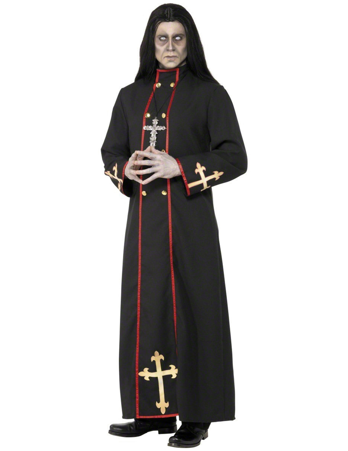 Déguisement moine démoniaque pour homme noir et rouge avec croix dorées