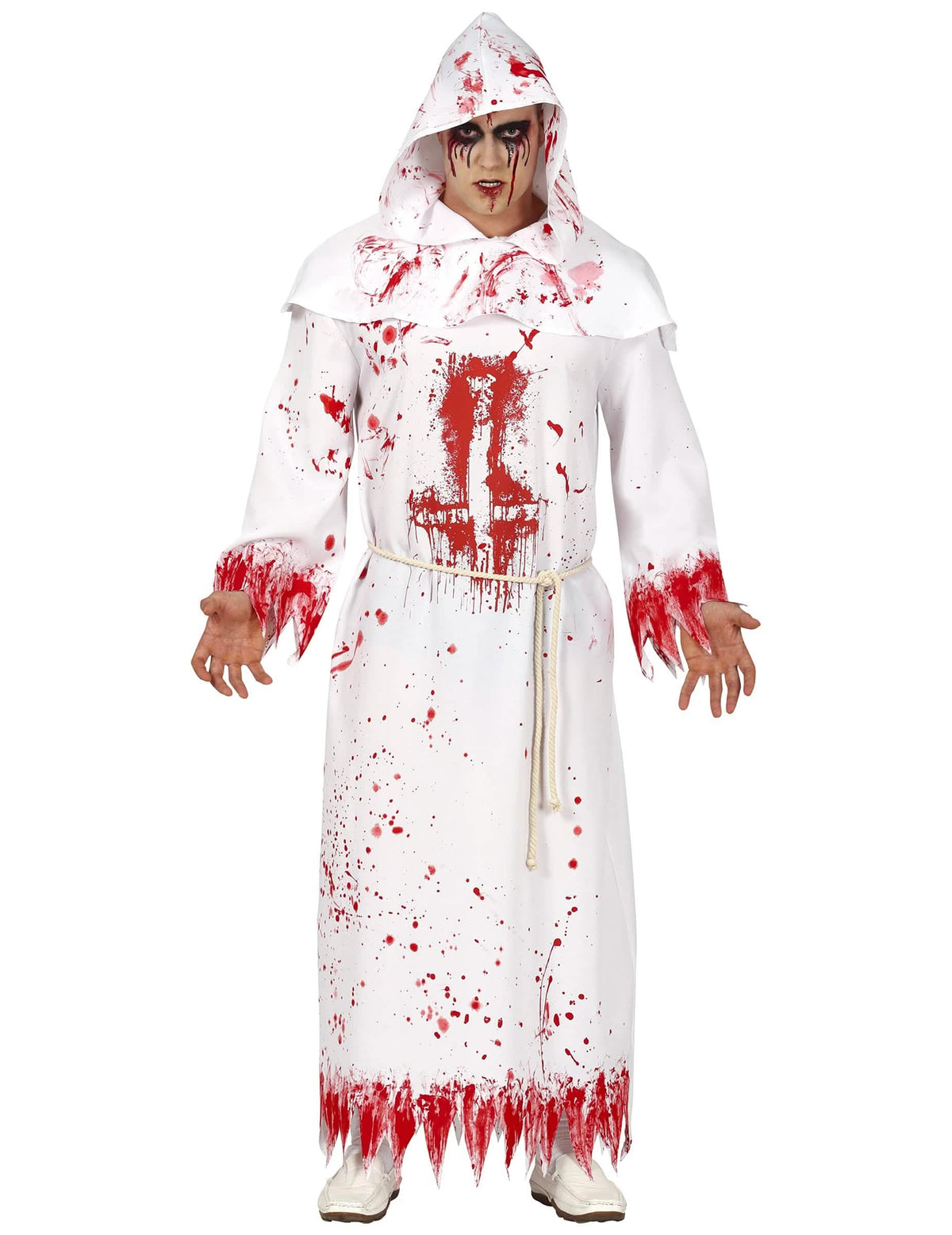 Fato de monge ensanguentado para adulto branco com manchas de sangue