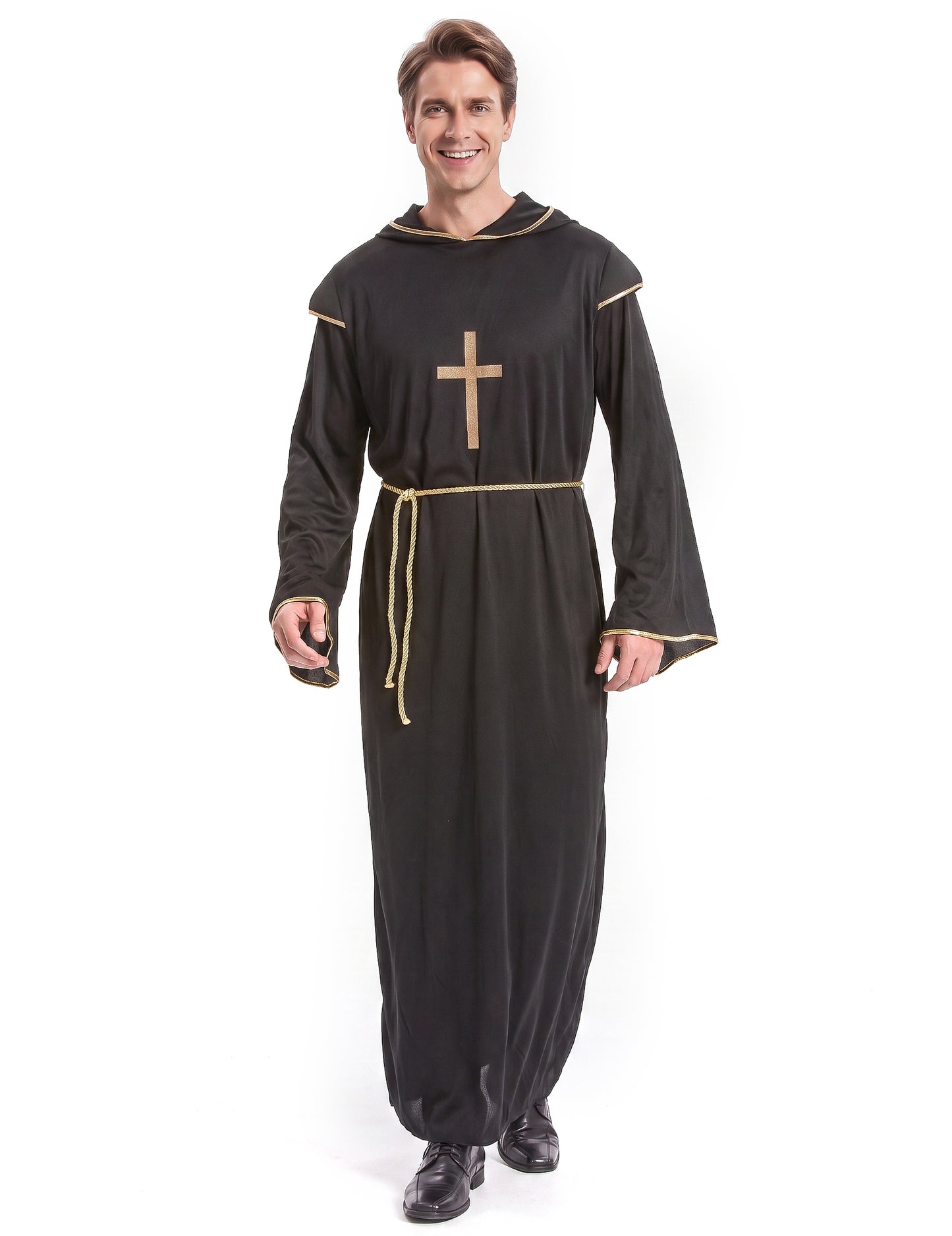 Disfarce de monge homem preto e dourado