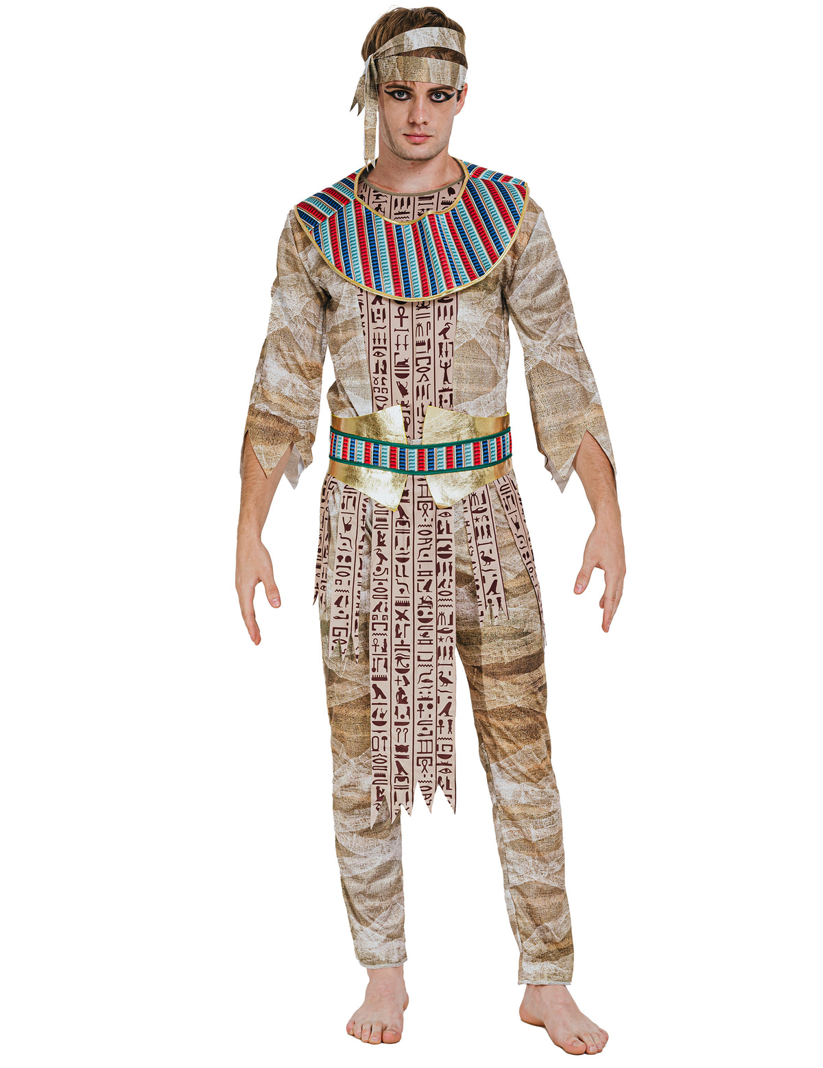 Déguisement de momie égyptienne pour homme beige à hiéroglyphes et collerette dorée