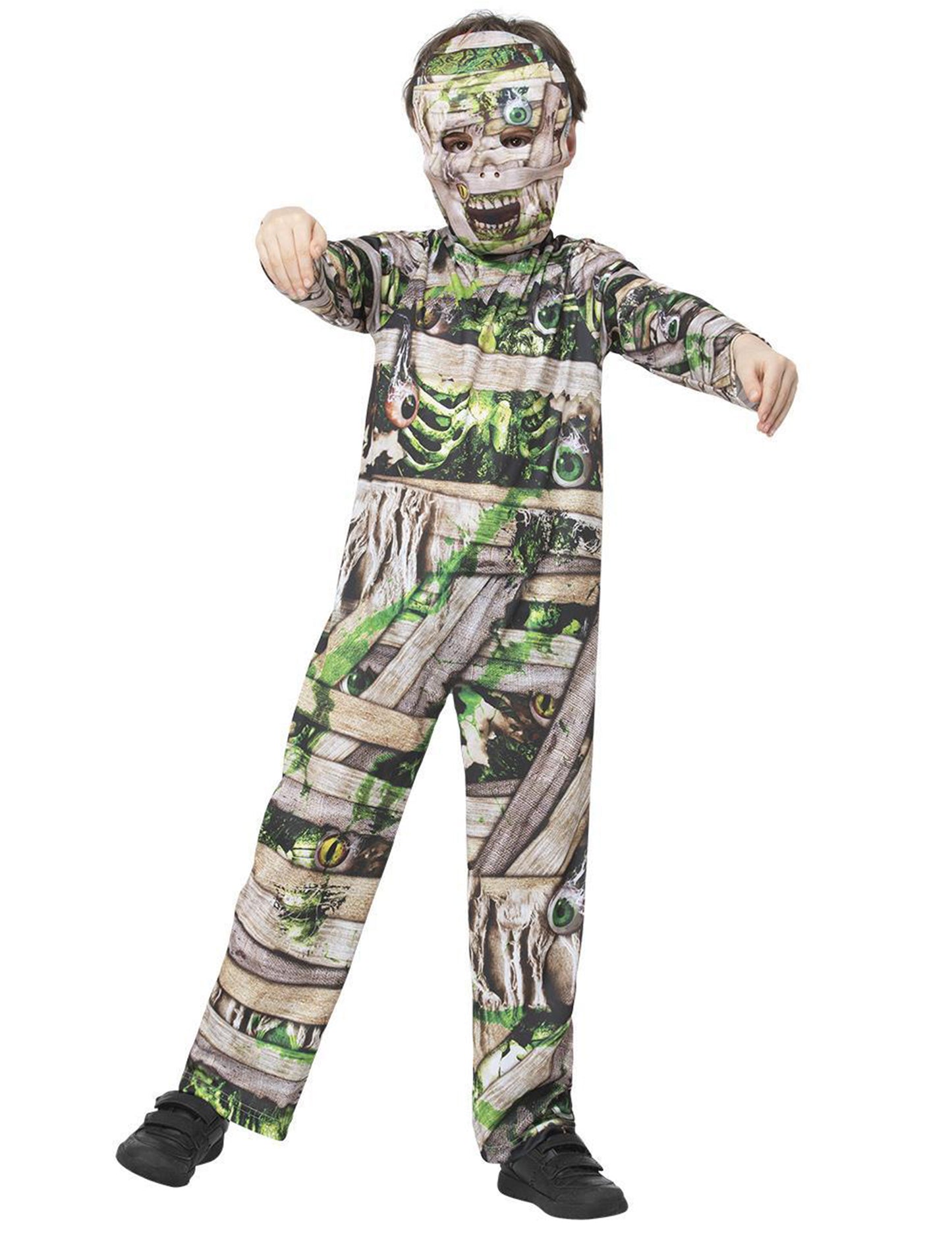 Déguisement de momie zombie pour enfant vert avec masque imprimé