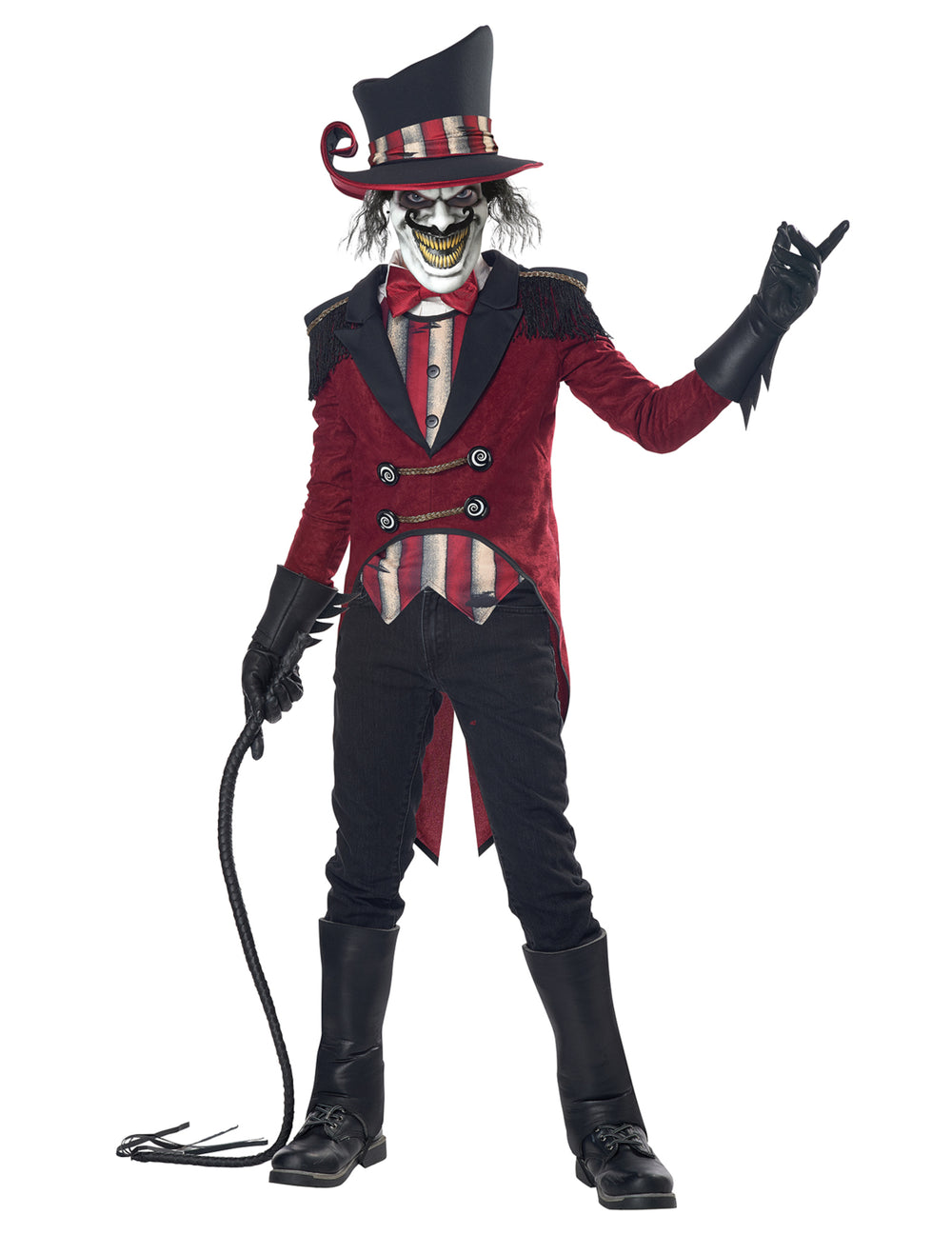 Déguisement monsieur loyal diabolique pour enfant rouge et noir avec masque et chapeau