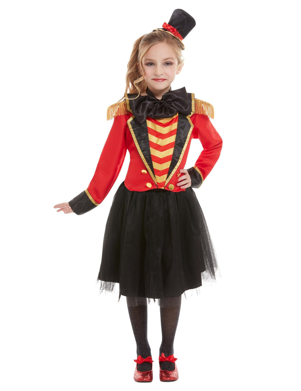 Déguisement Monsieur Loyal luxe pour fille rouge et noir avec tutu et chapeau