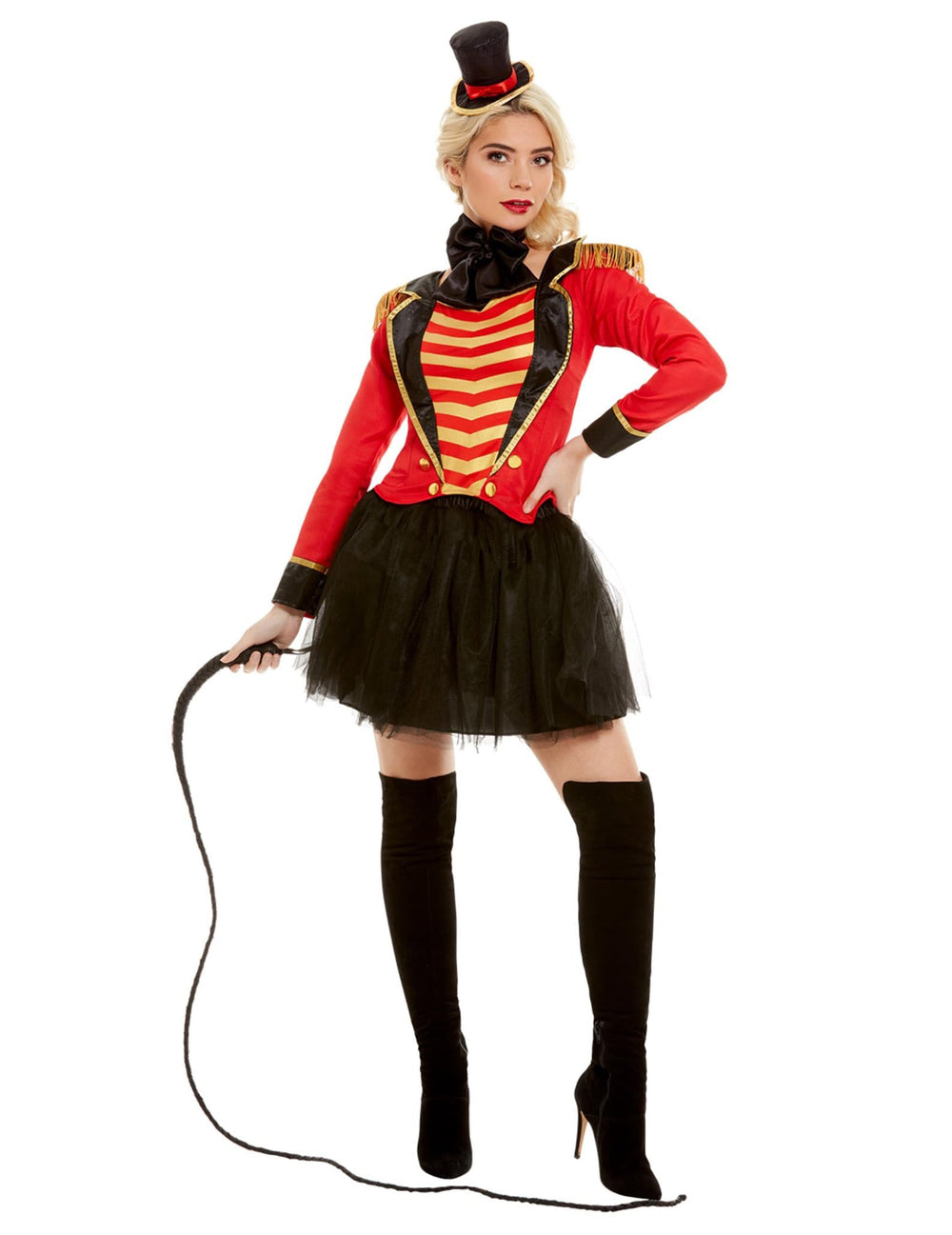 Déguisement de Monsieur Loyal pour femme rouge et noir avec mini chapeau haut-de-forme