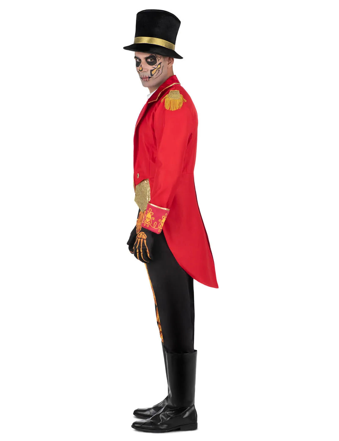 Vue de profil du déguisement Monsieur Loyal squelette pour homme