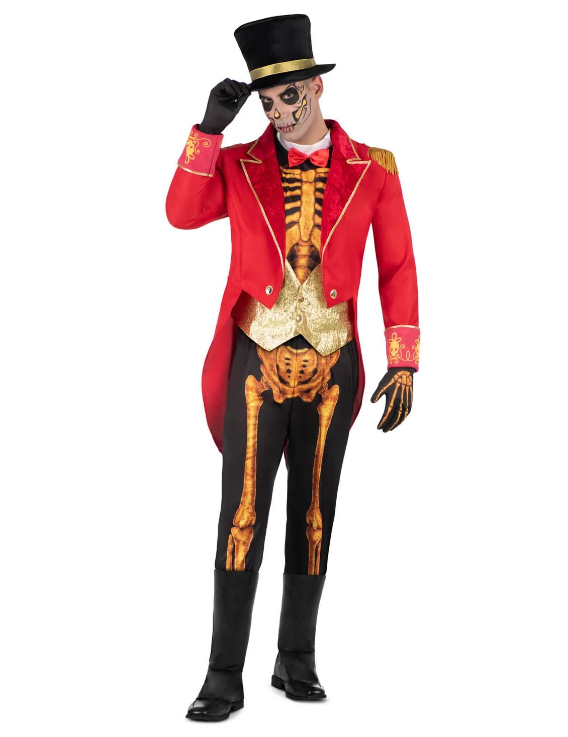 Déguisement Monsieur Loyal squelette pour homme rouge et or avec haut-de-forme