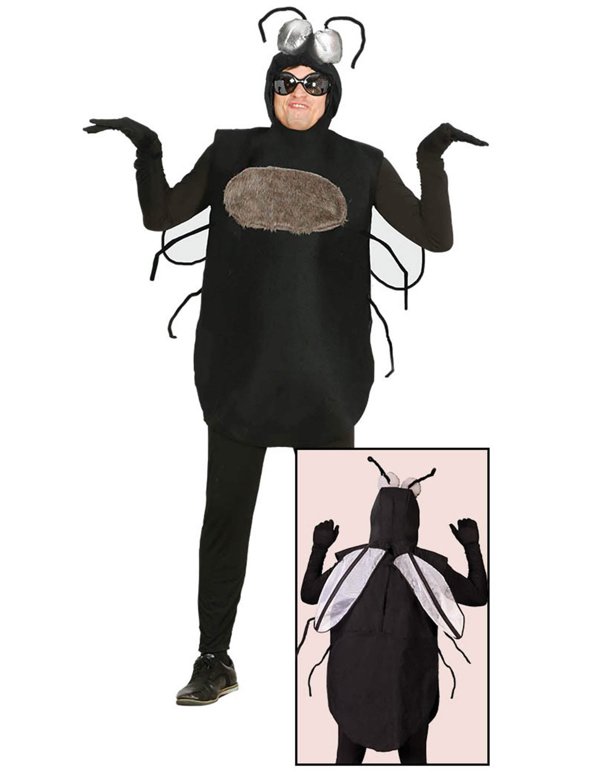 Déguisamento de mosca para homem preto com peitoral castanho e cagoule com antenas