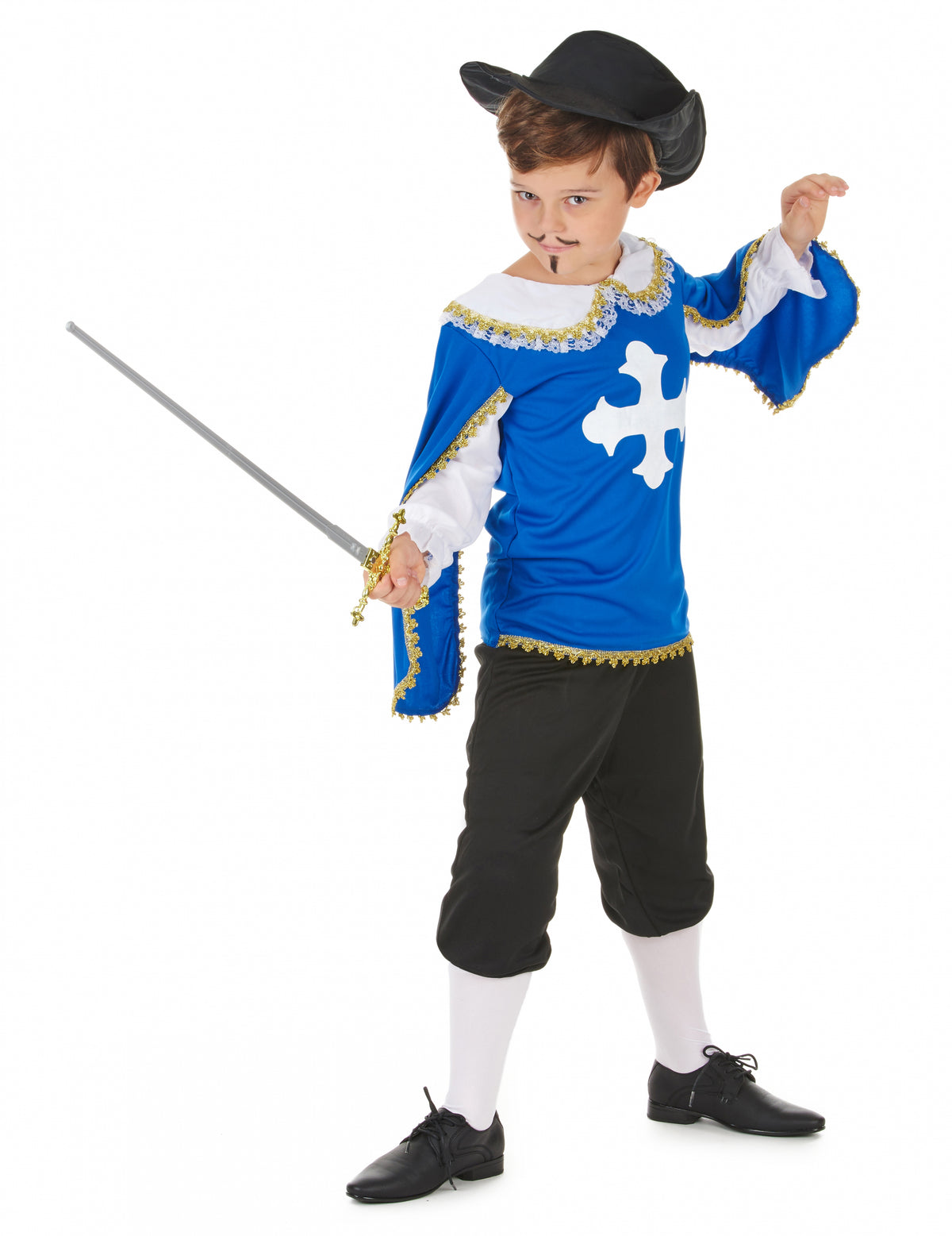 Vue d'ensemble avec épée du déguisement de mousquetaire pour garçon
