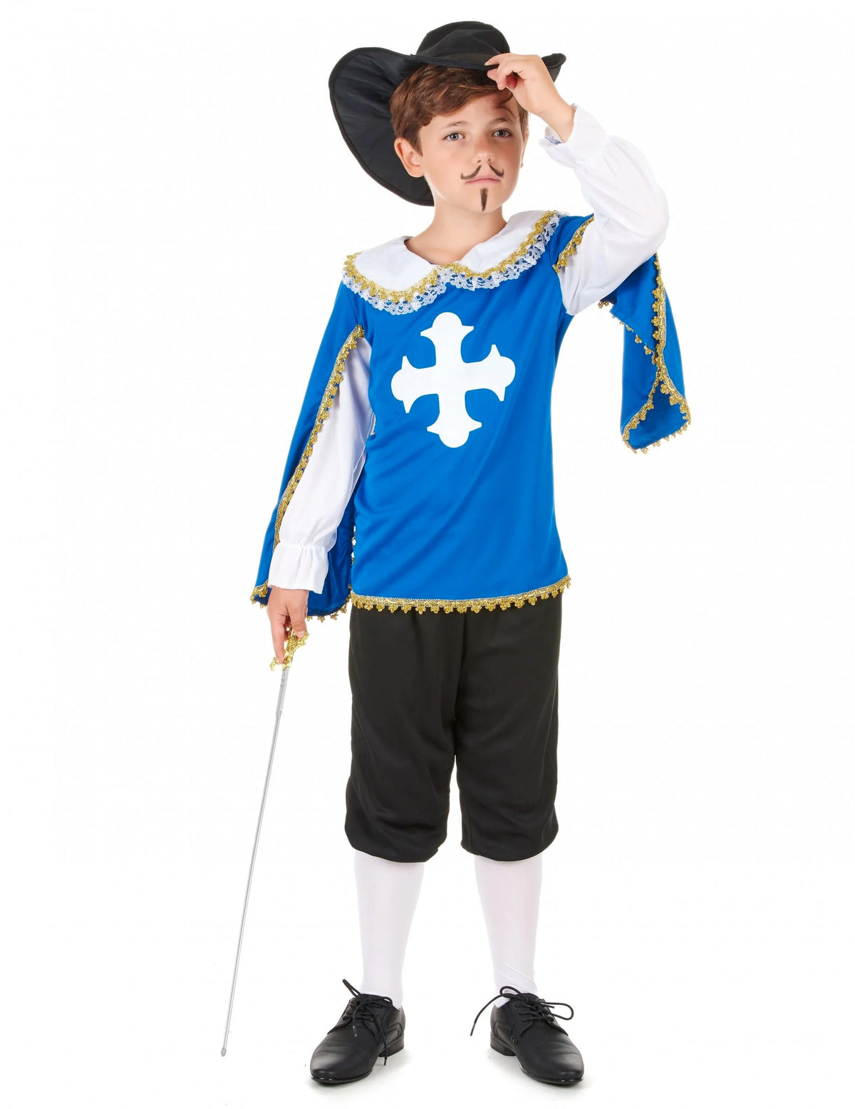 Déguisement de mousquetaire pour garçon bleu avec croix blanche et galons dorés