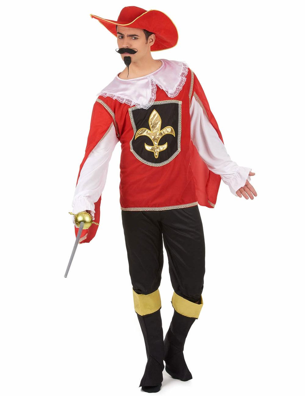 Fato de mosqueteiro para homem vermelho e preto com brasão flor de lis