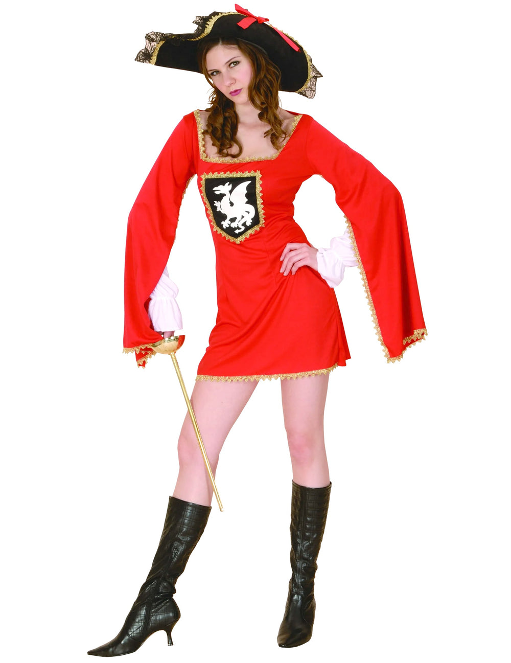 Déguisement de mousquetaire pour femme rouge avec chapeau et blason