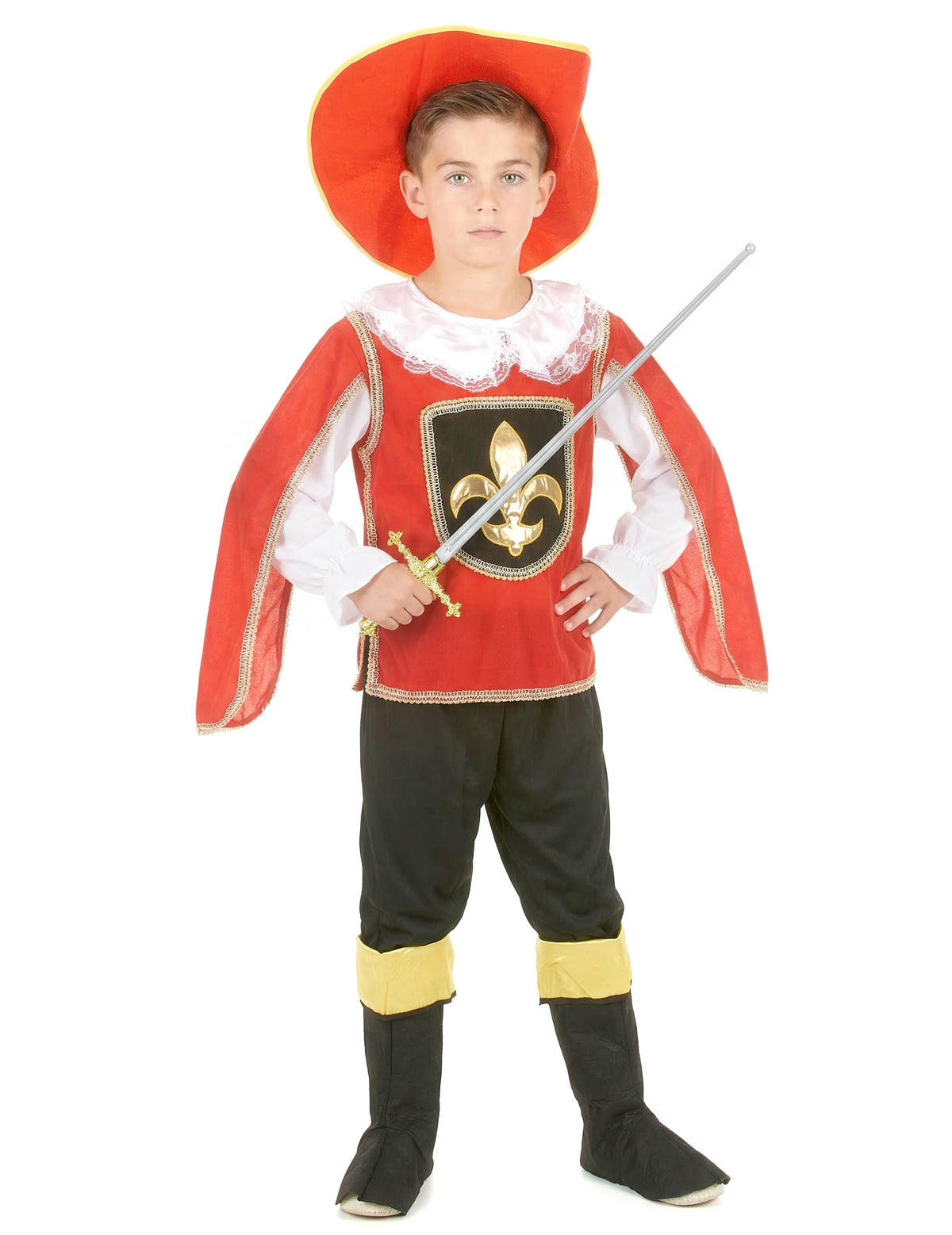 Vue de face avec épée du déguisement de mousquetaire pour garçon
