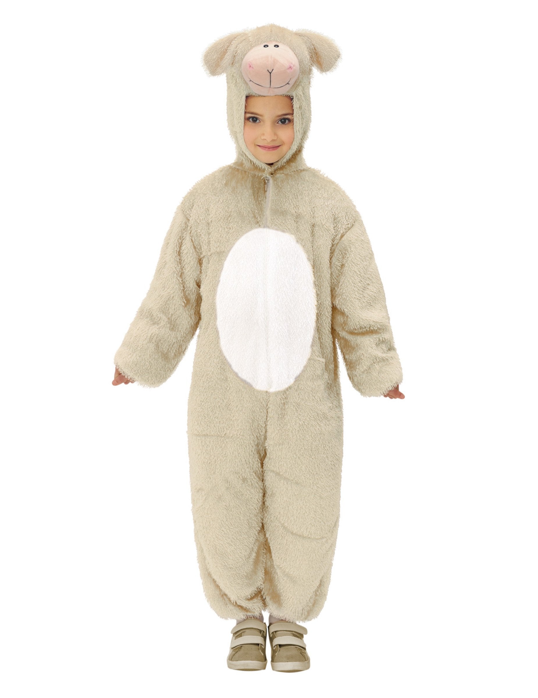 Déguisement de mouton pour enfant beige et blanc à capuche pelucheuse