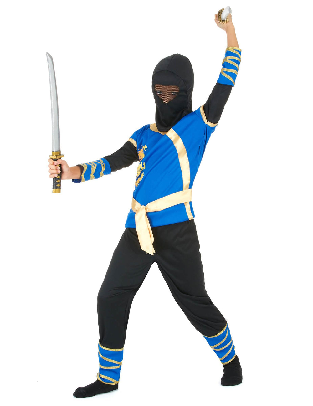 Pose de combate com sabre do disfarce de ninja para menino