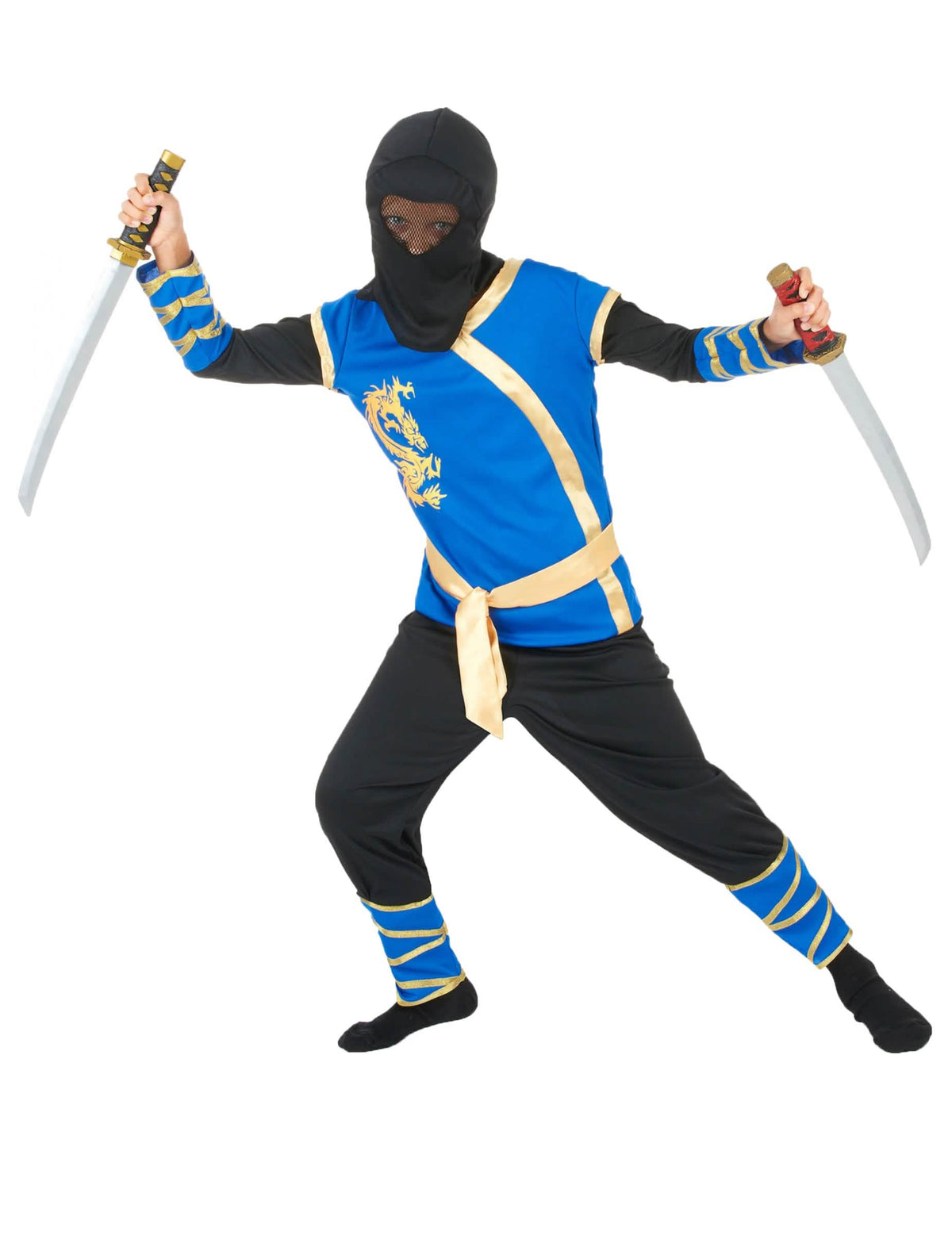 Fato de ninja para menino azul e dourado com dragão dourado e balaclava preta