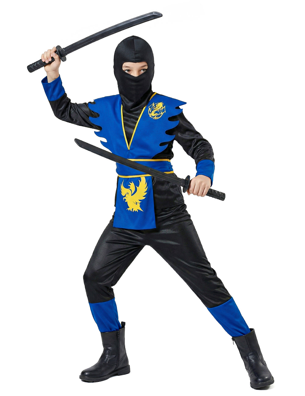 Déguisement ninja pour garçon bleu et noir avec motifs de dragon jaunes et cagoule