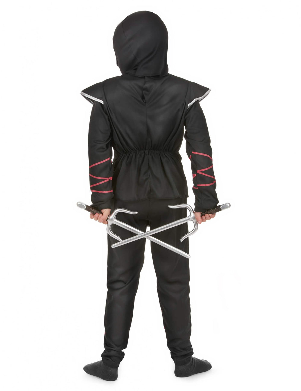 Vue de dos avec accessoires du déguisement ninja dragon argenté