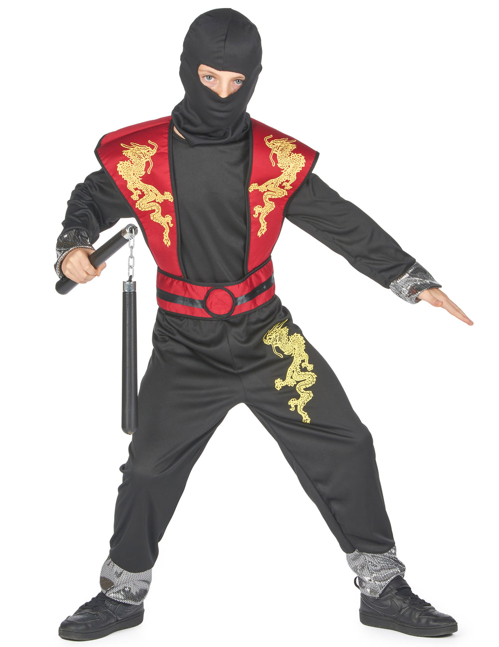 Déguisement ninja dragon jaune pour garçon noir et rouge avec cagoule