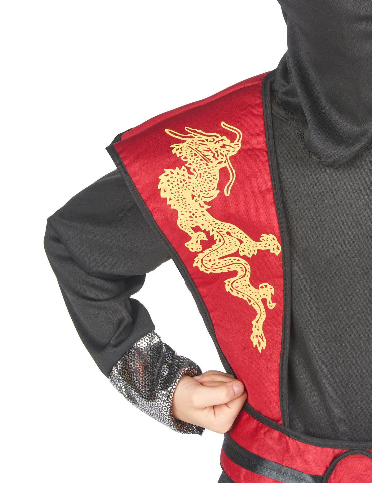 Détail du motif de dragon doré du déguisement ninja dragon jaune pour garçon