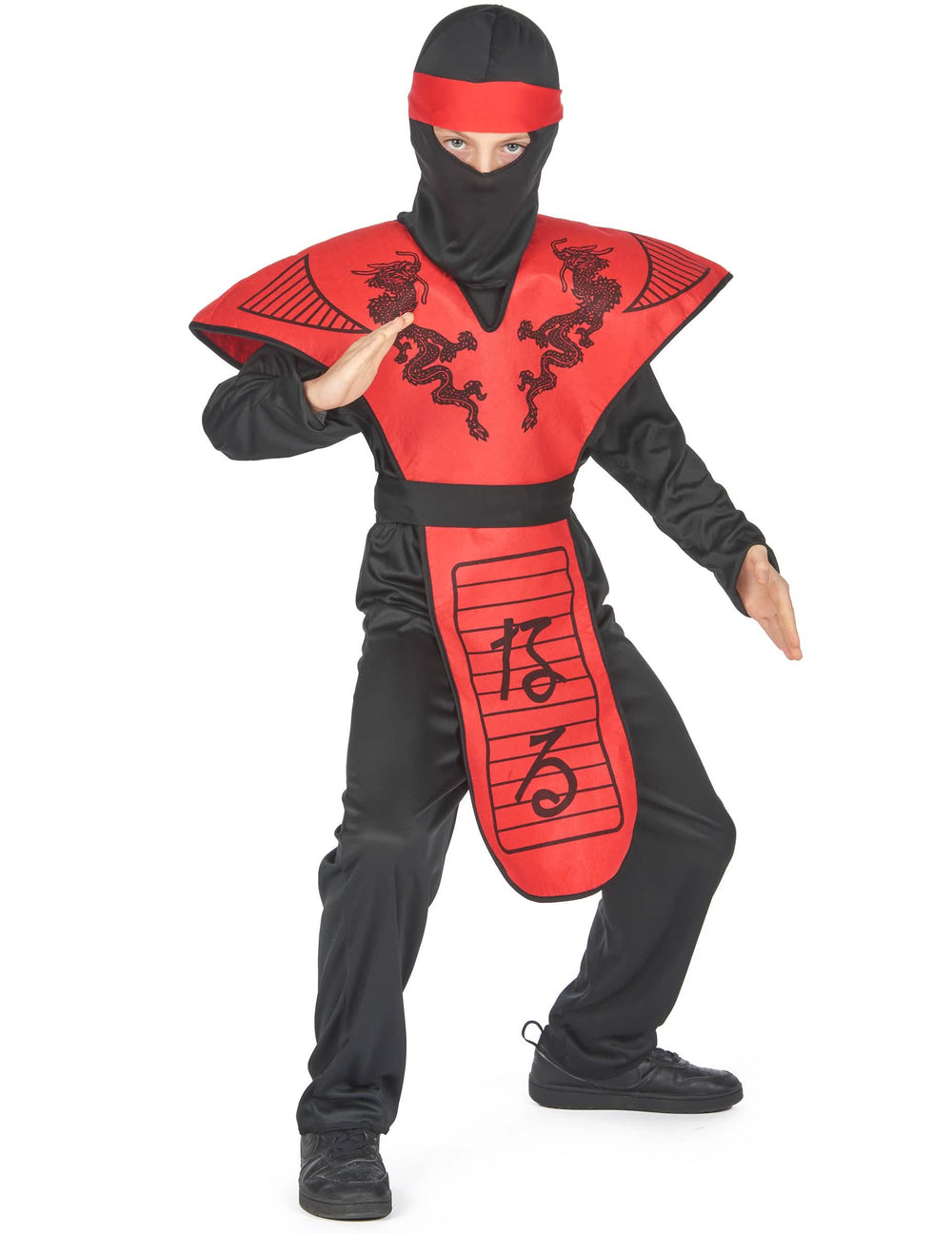 Posição de combate do disfarce ninja dragão vermelho para menino