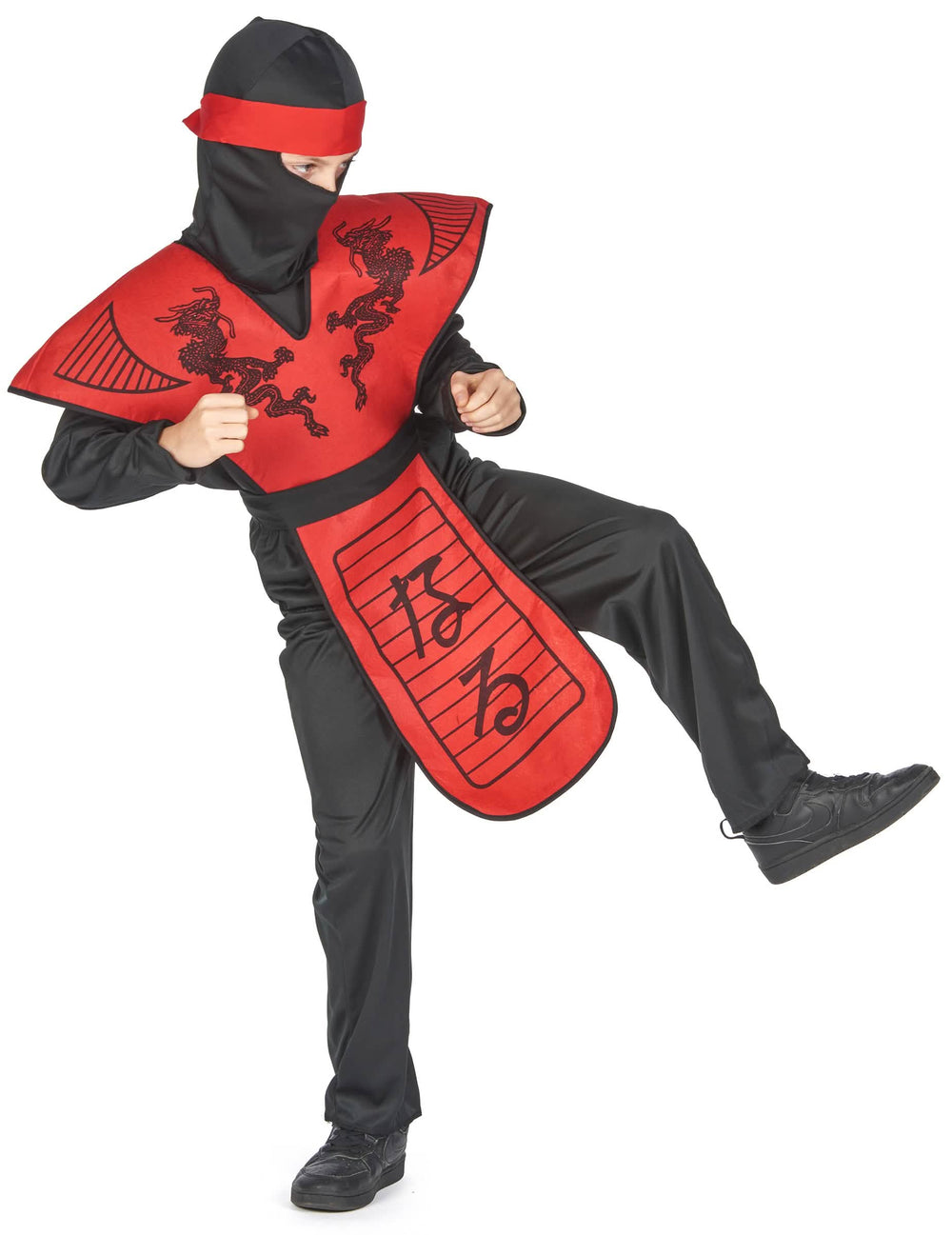 Vista de perfil do disfarce ninja dragão vermelho para menino