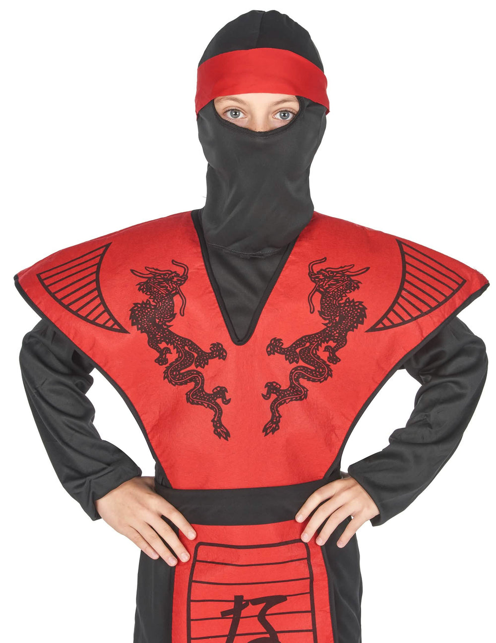Detalhe do peitoral com motivos de dragões do disfarce de ninja dragão para menino