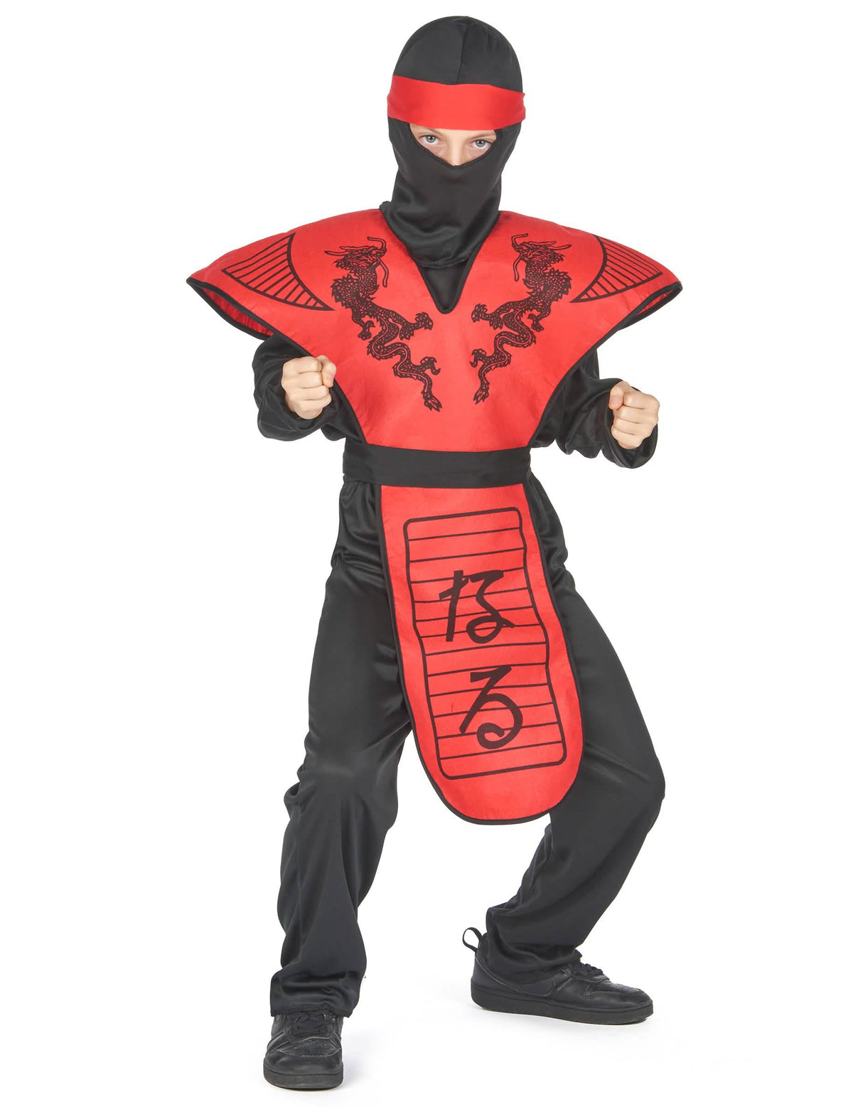 Fato de ninja dragão vermelho para menino preto e vermelho com cagoule