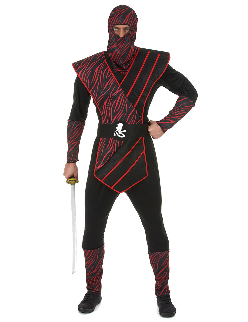 Déguisement ninja fauve pour homme noir et rouge avec motifs tigrés