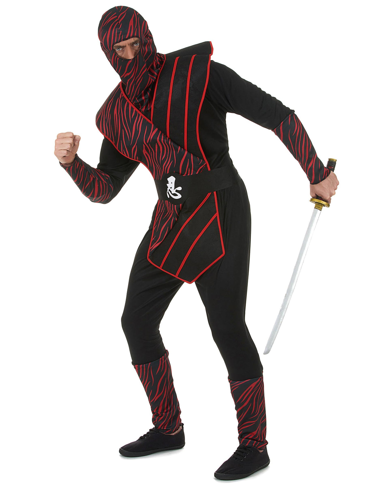 Vue avec sabre du déguisement ninja fauve pour homme
