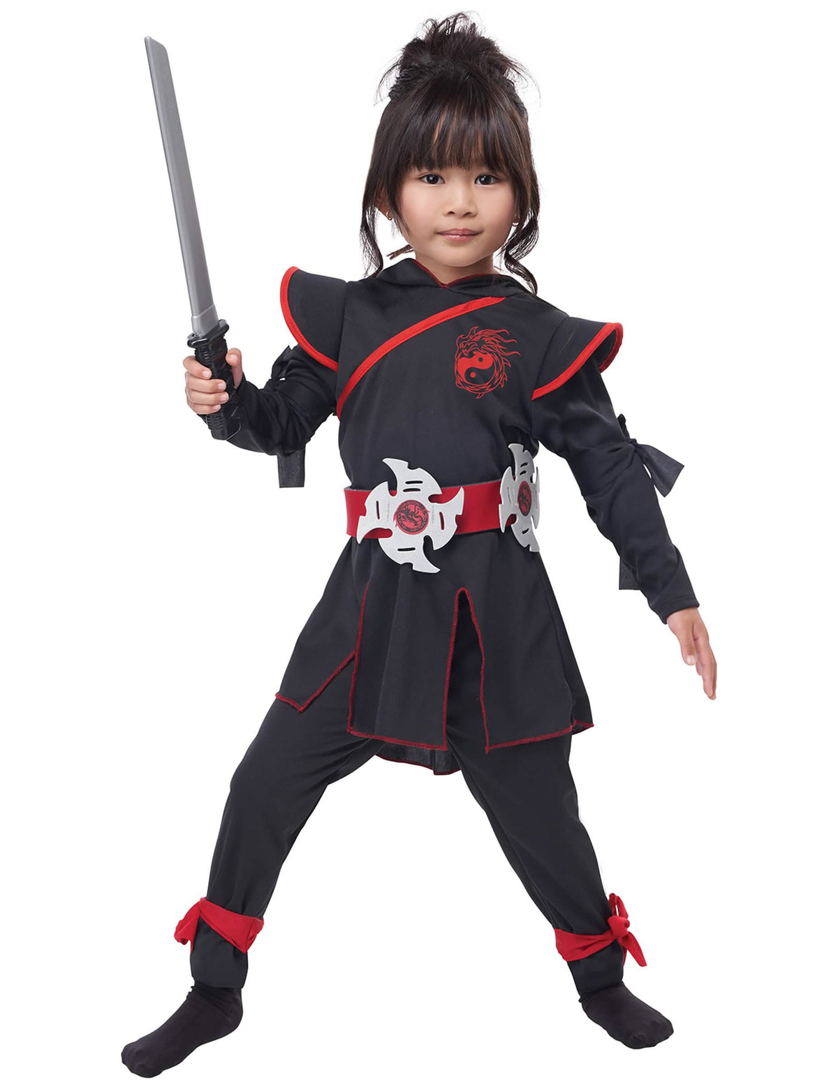 Disfarce de ninja luxo para menina preto e vermelho com cinto e sabre