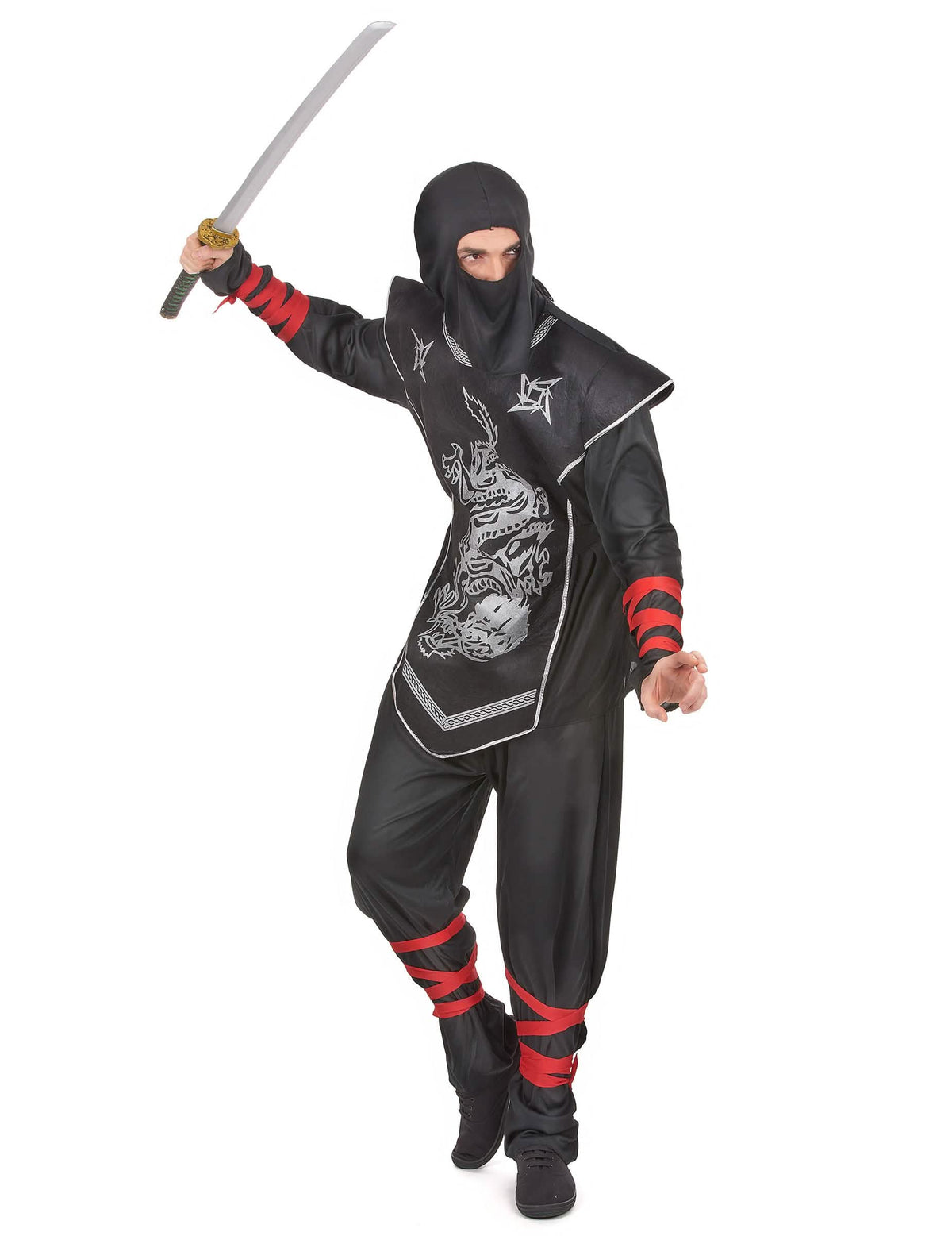 Déguisement ninja dragon argentés pour homme noir avec rubans rouges et imprimé dragon