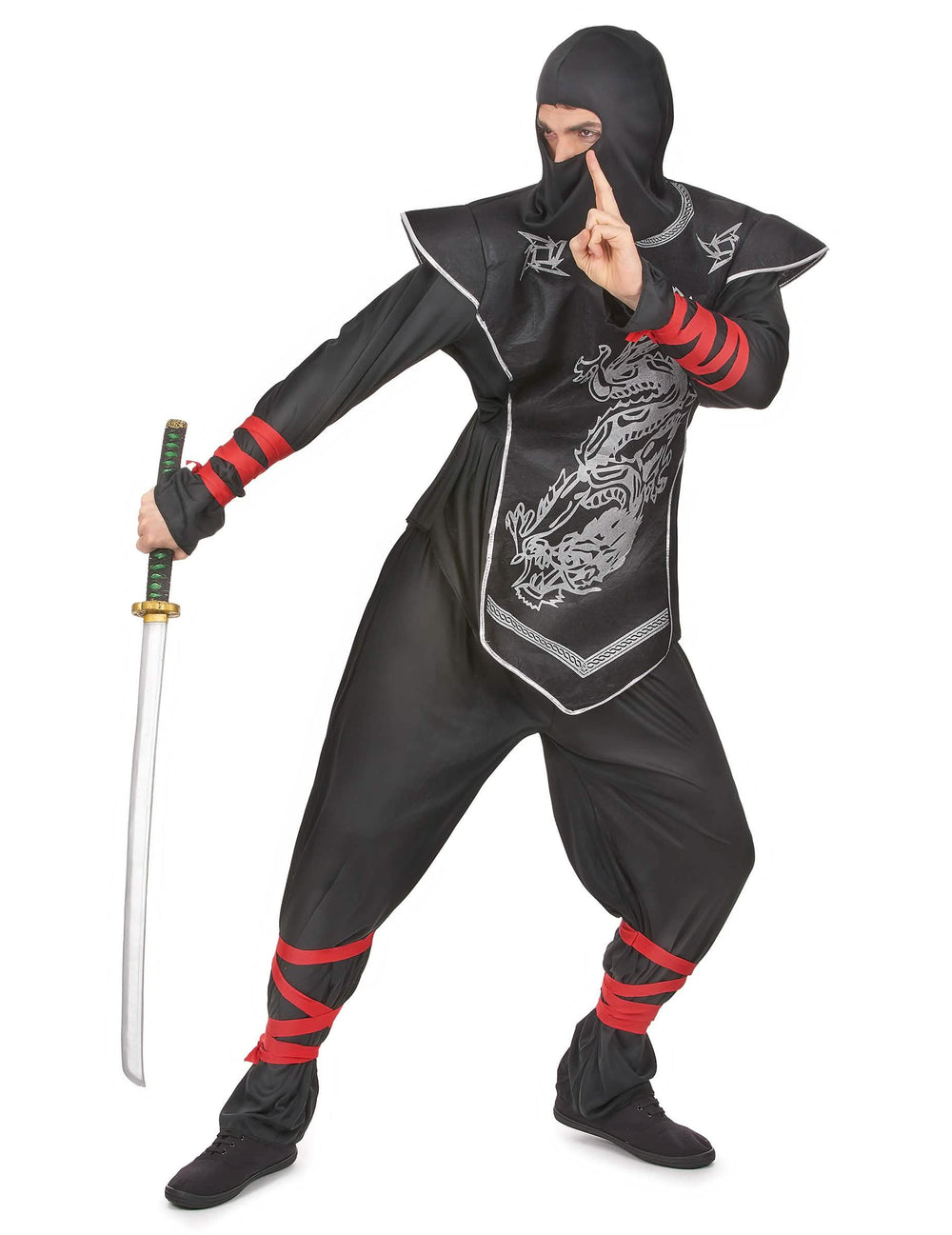 Pose de combat avec katana du déguisement ninja dragon argentés