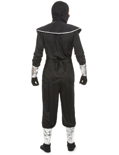 Vue de dos du déguisement de ninja pour homme noir et argenté