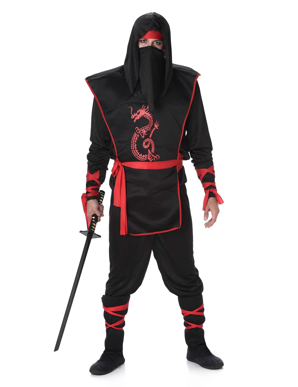 Fato de ninja para homem preto e vermelho com estampado de dragão