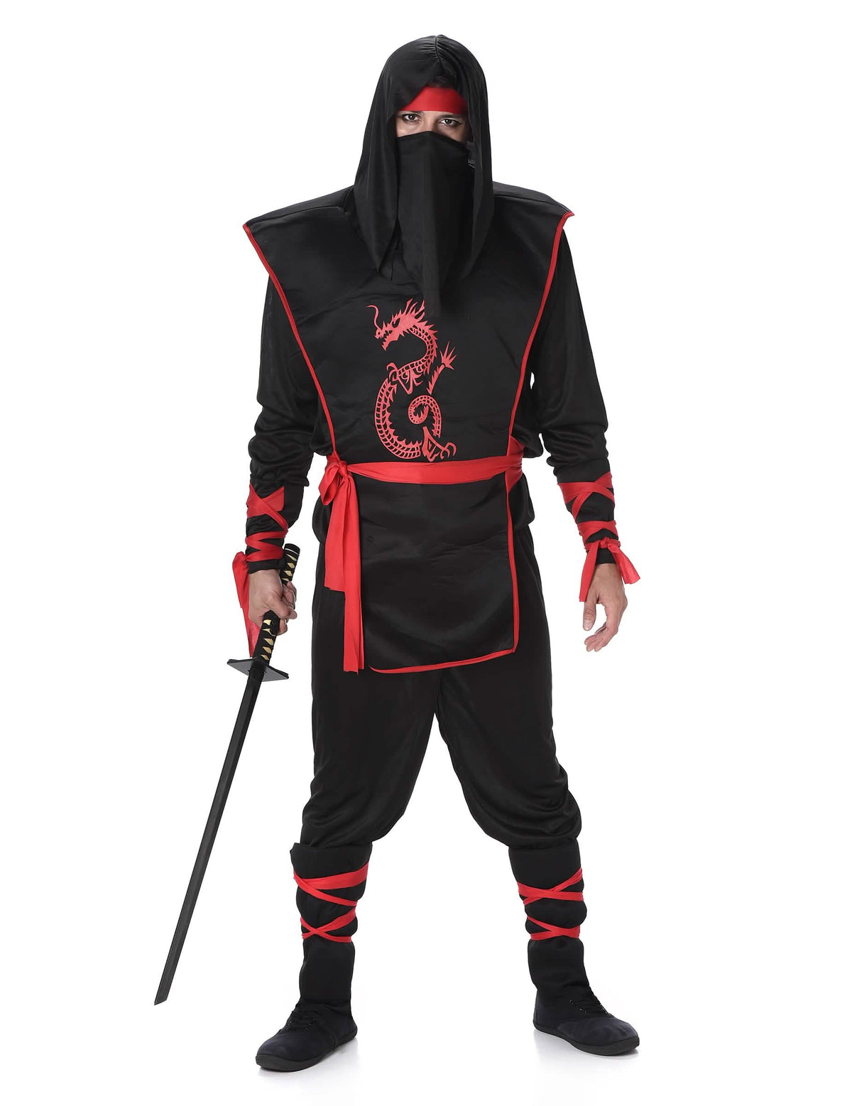 Fato de ninja para homem preto e vermelho com estampado de dragão