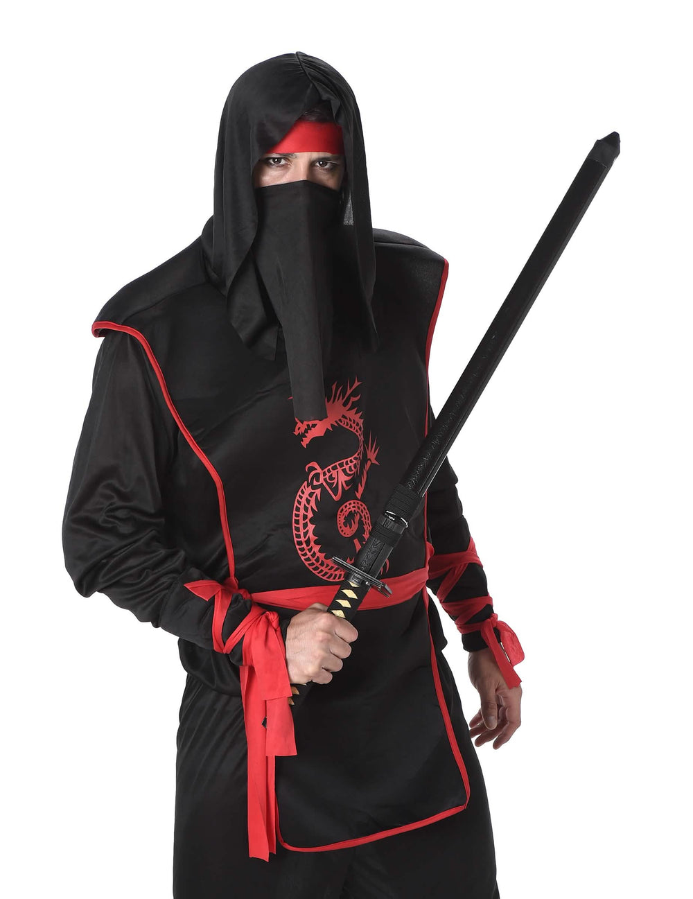 Grande plano da máscara e do sabre do disfarce de ninja para homem
