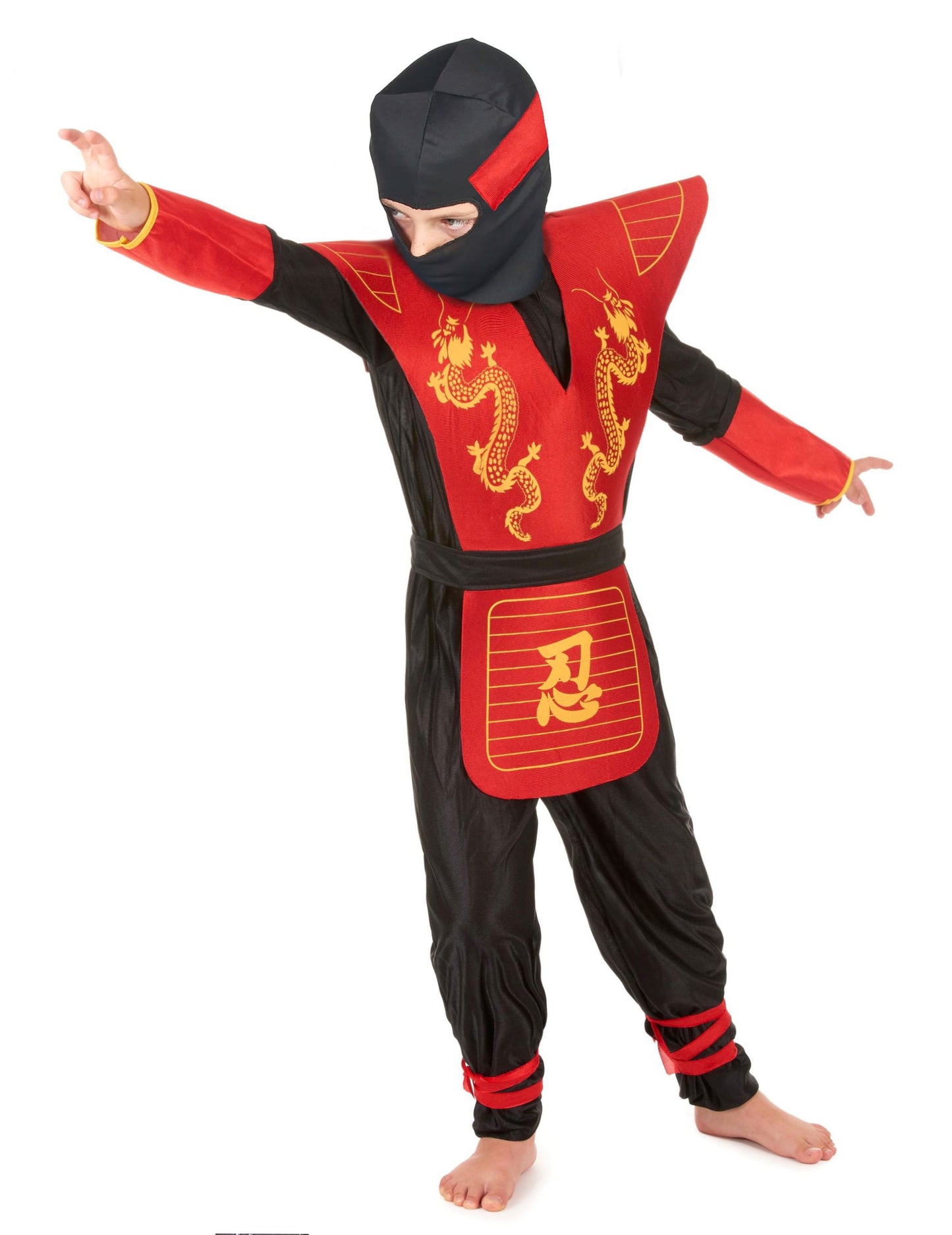 Vue de face en pose de combat du déguisement ninja motifs dragons