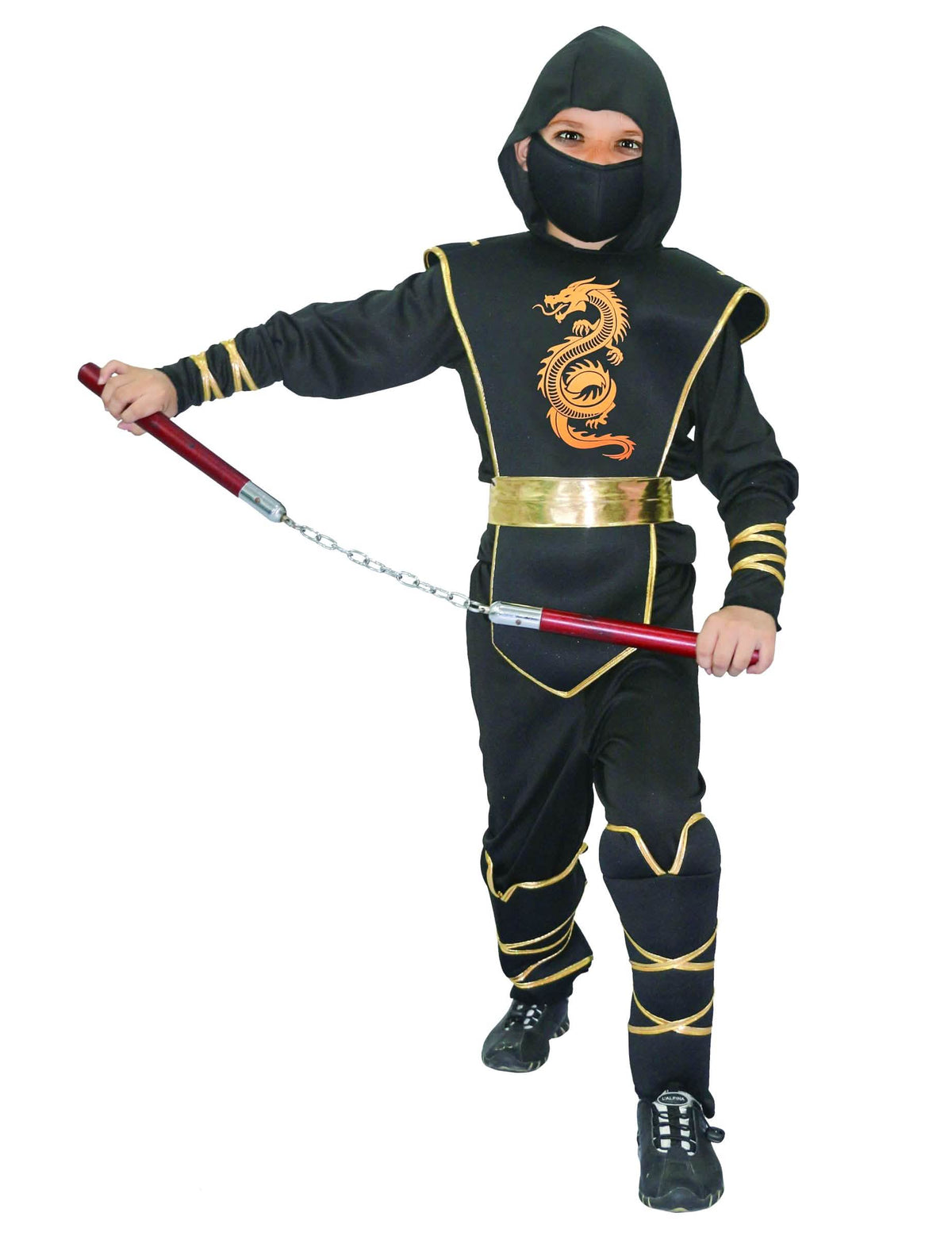 Fato de ninja para menino preto e dourado com motivo de dragão