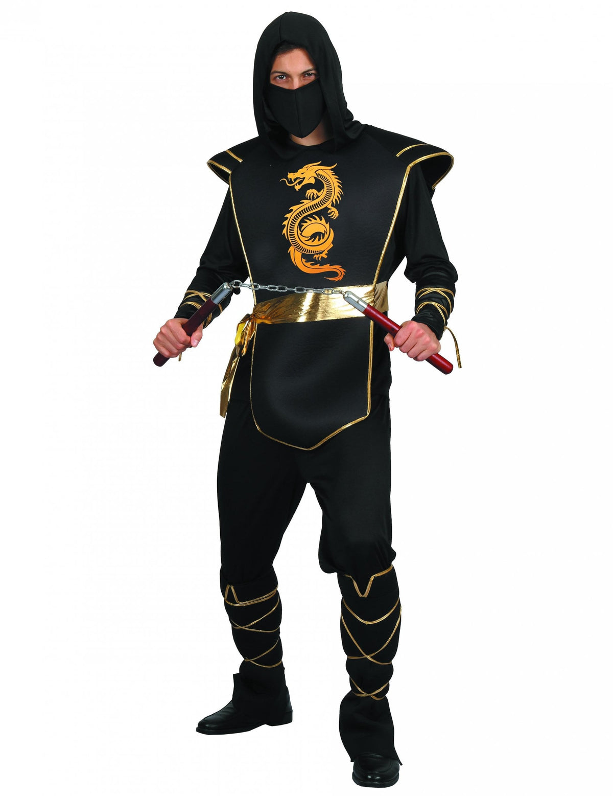 Déguisement de ninja pour homme noir et doré avec imprimé dragon