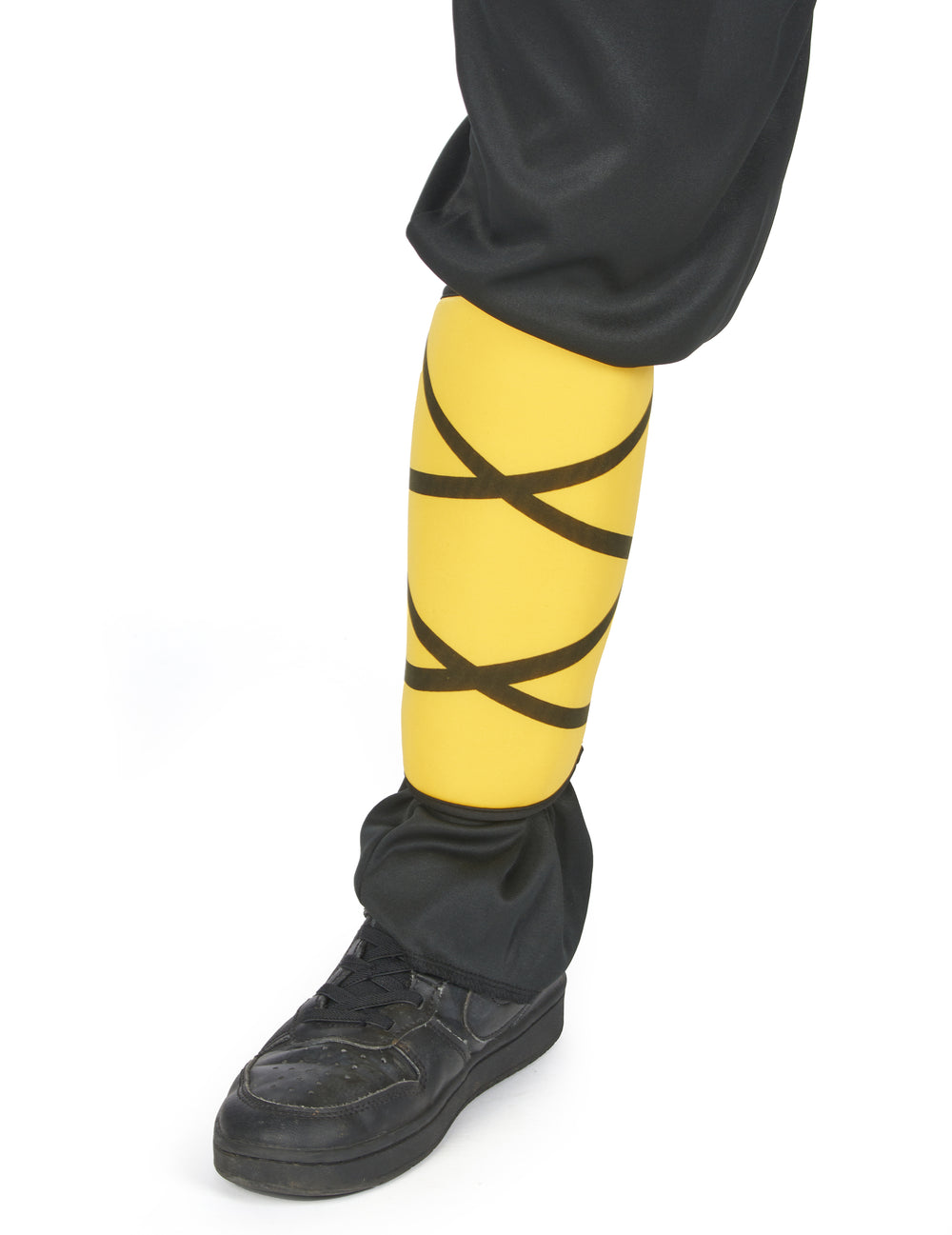 Détail de la jambière jaune à bandes noires du déguisement ninja pour garçon
