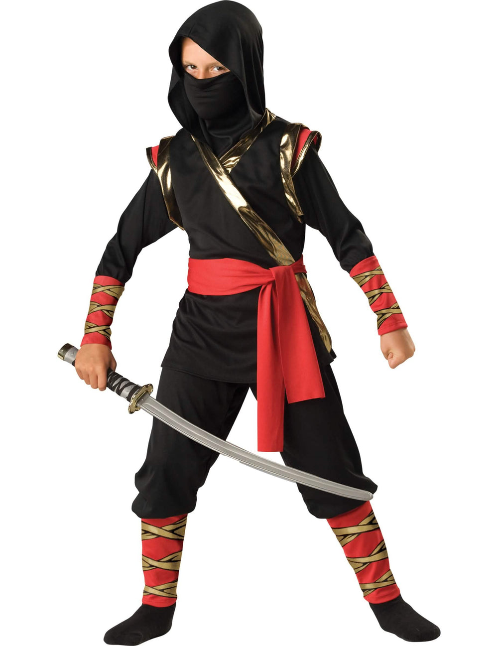 Disfarce ninja para criança preto vermelho e dourado com capuz