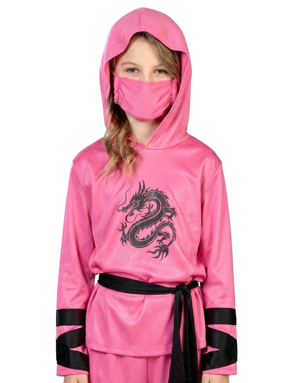 Gros plan sur le masque et le motif dragon du déguisement de ninja pour enfant