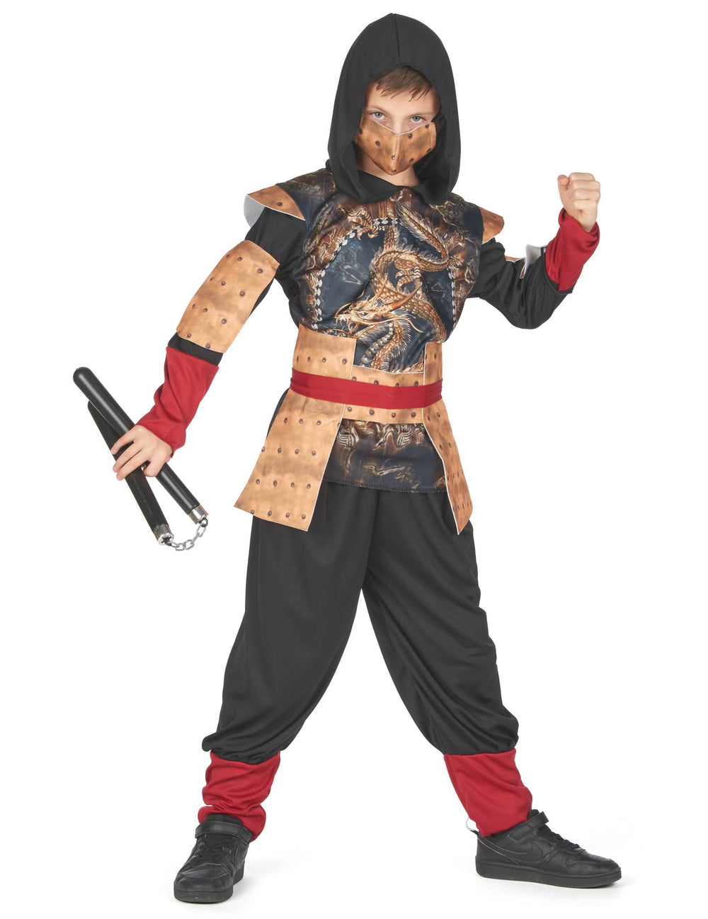 Fato de ninja tradicional para menino preto e vermelho com motivo de dragão dourado