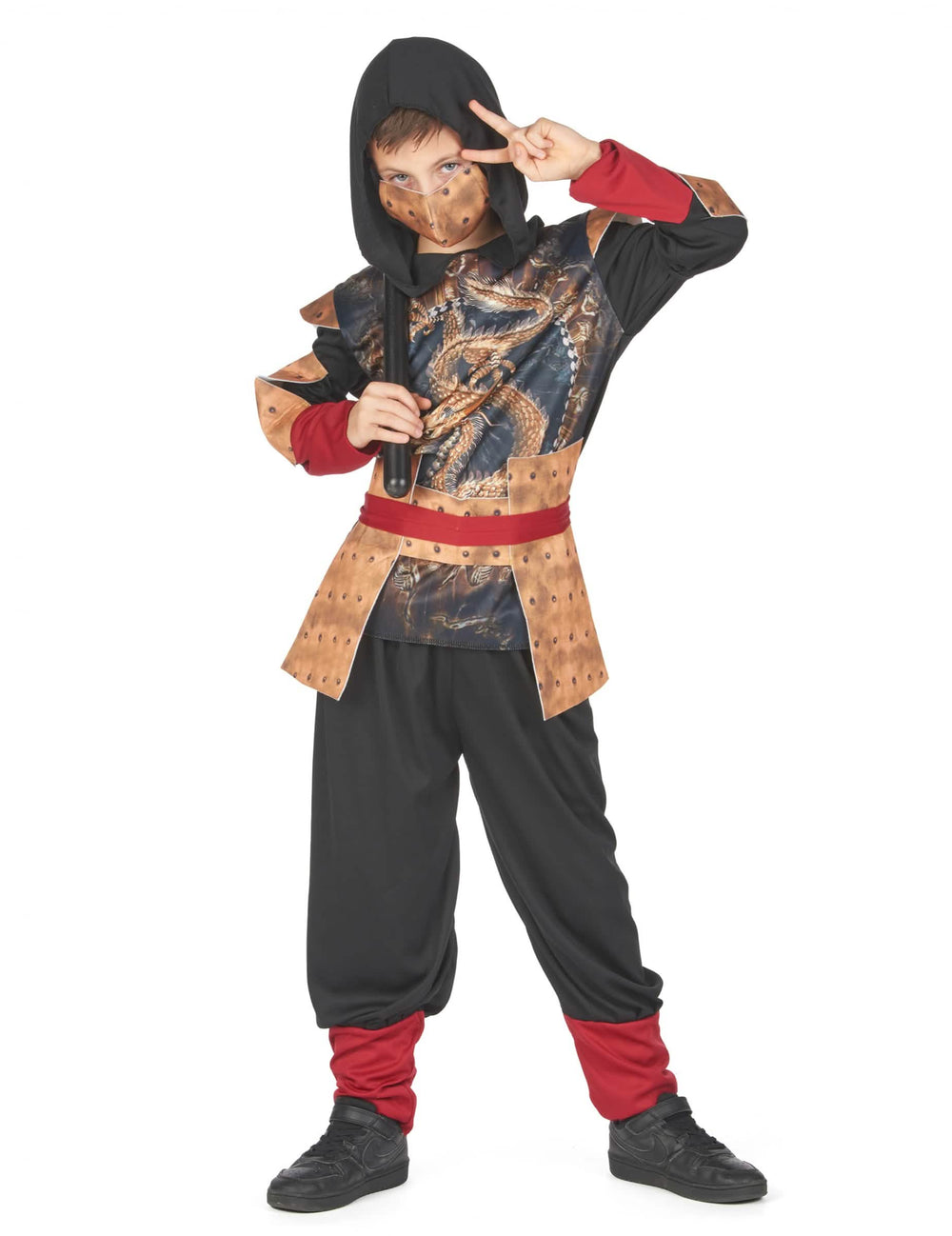 Vista frontal com nunchaku do disfarce ninja tradicional para menino