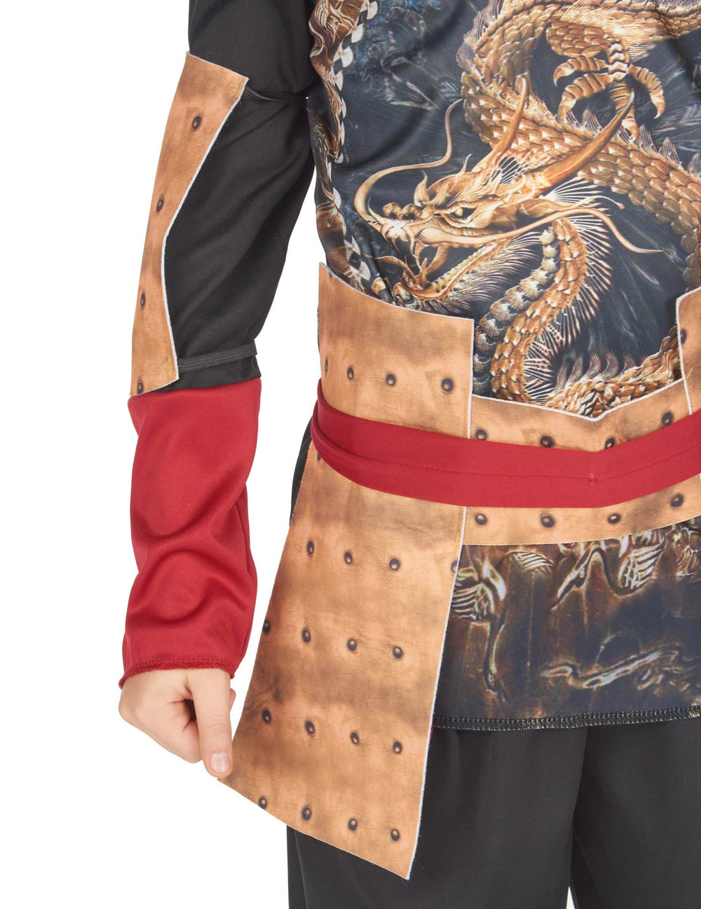 Detalhe da estampa de dragão e da armadura do disfarce ninja tradicional para menino