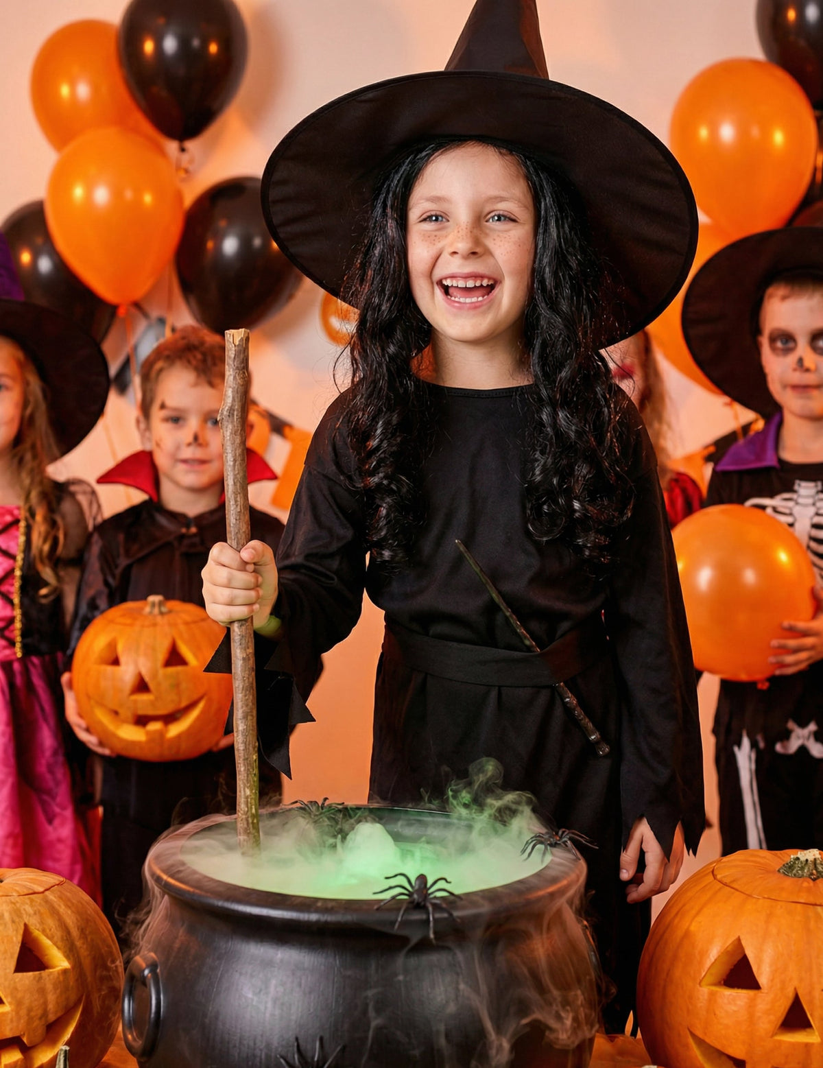 Mise en situation avec chaudron du déguisement de sorcière Halloween pour fille