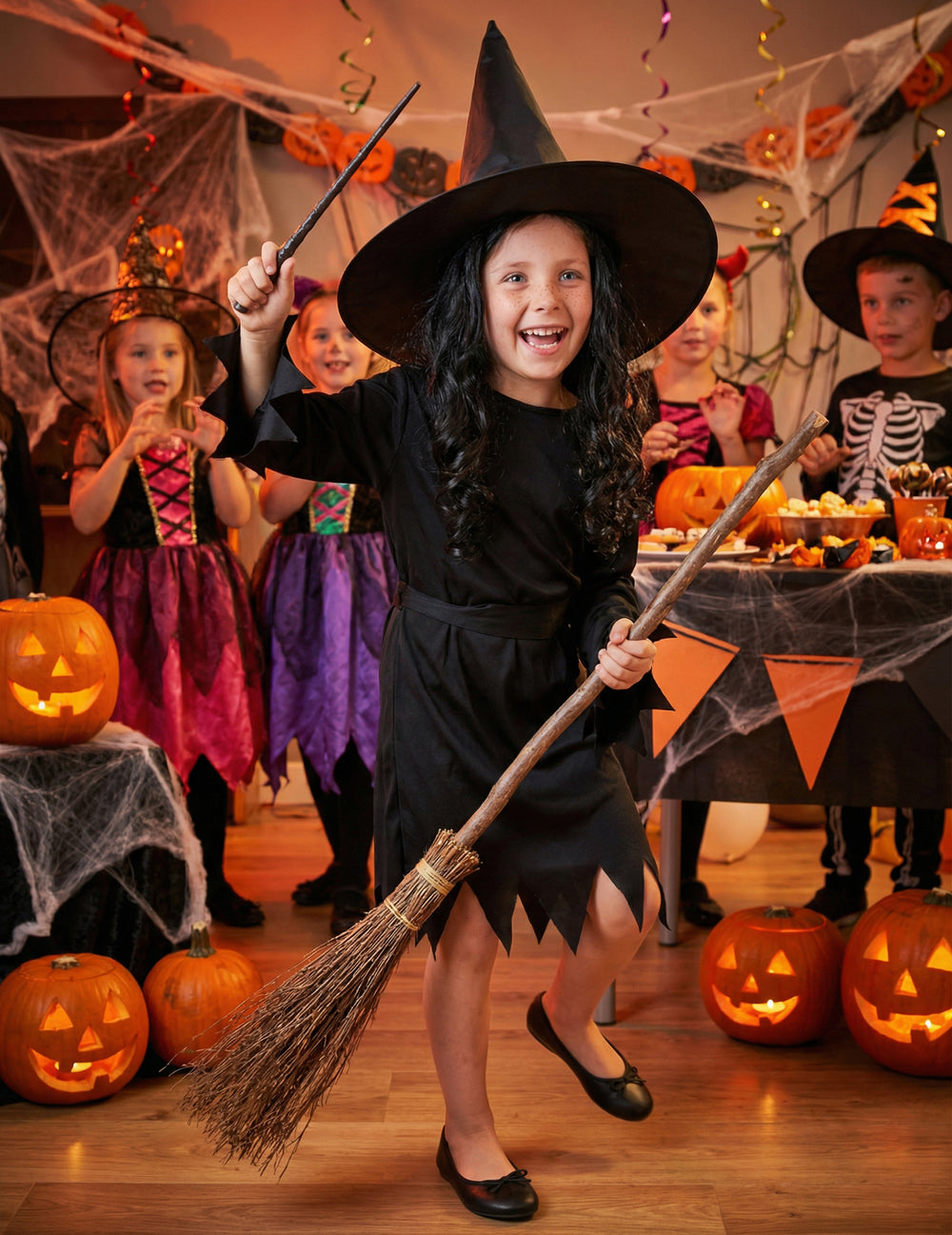 Mise en situation festive dans un décor d'Halloween du déguisement de sorcière Halloween pour fille
