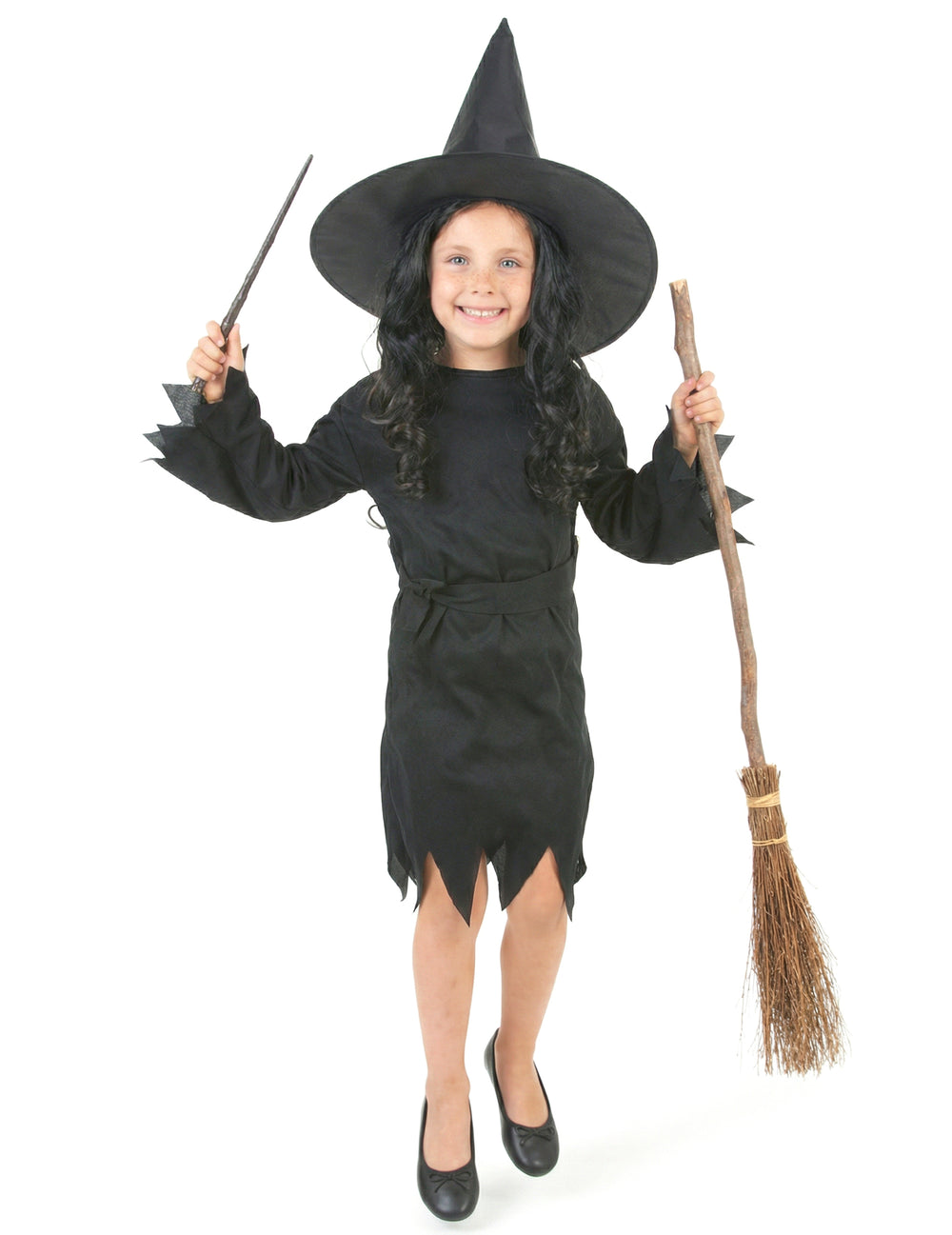 Vue de face avec accessoires du déguisement de sorcière Halloween pour fille
