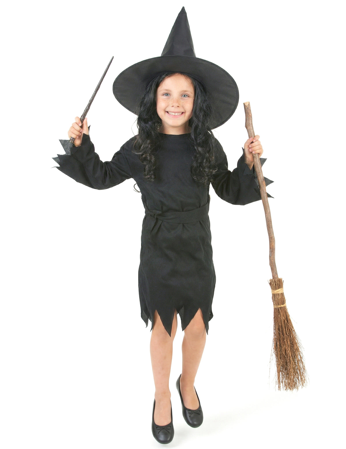Vue de face avec accessoires du déguisement de sorcière Halloween pour fille